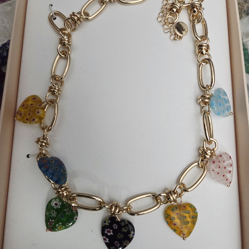 NWT Camila Coelho Multi Color Glass Stones Heart Necklace. 17 Plus 3 Inches.